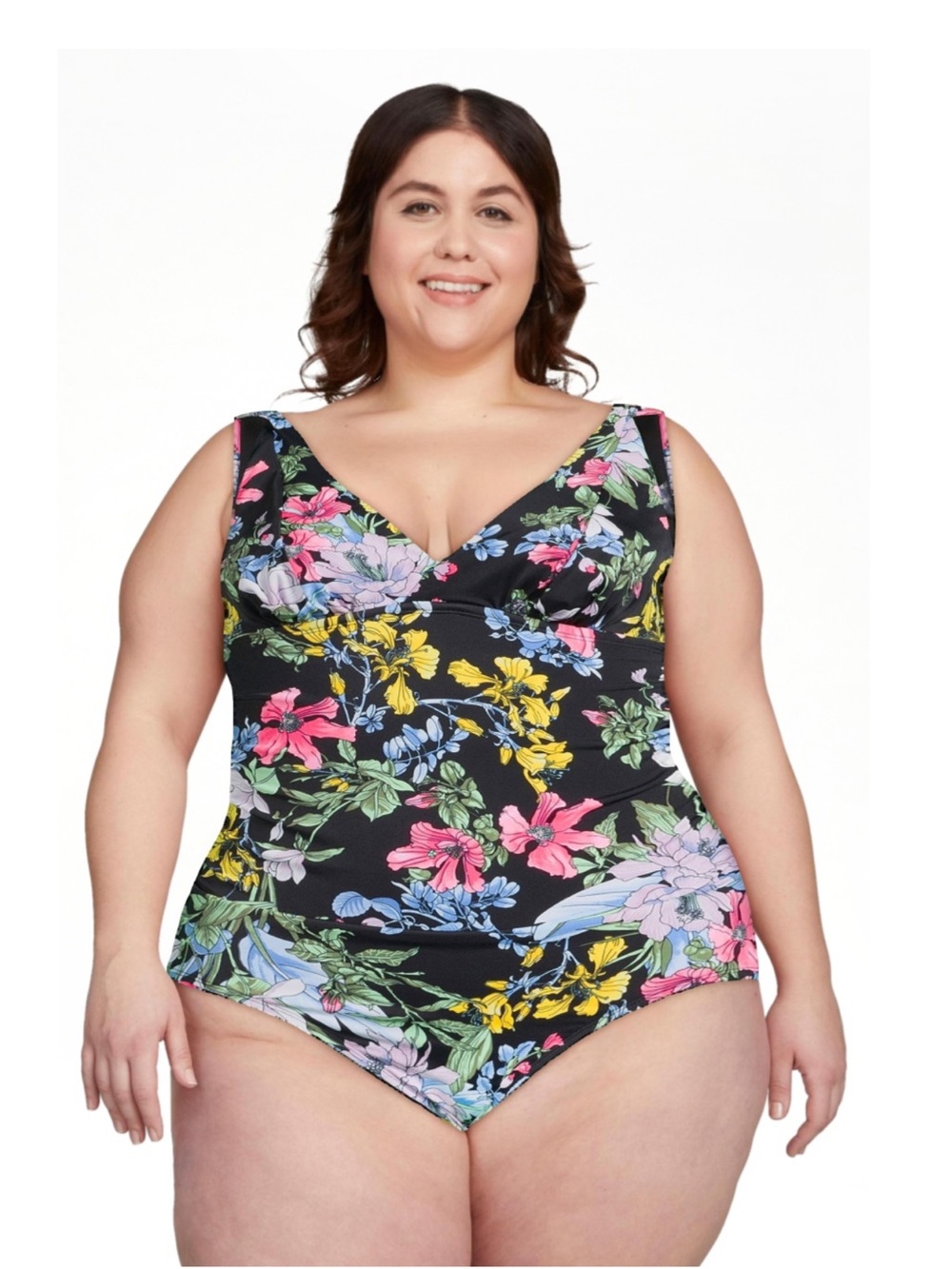 Time and Tru Black Floral Plunge One-Piece Swimsuit